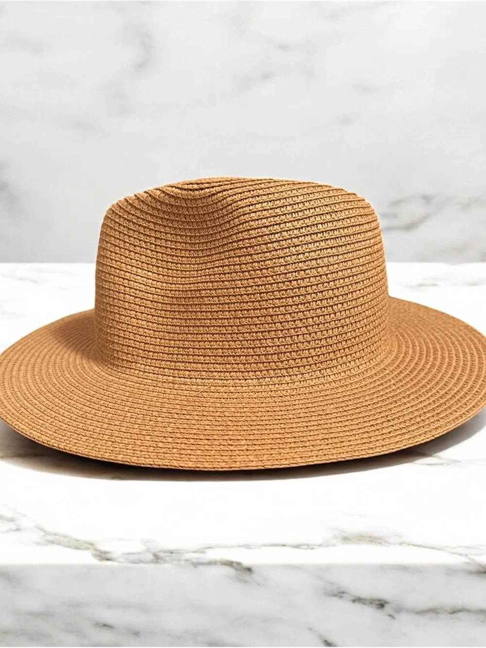 Wide Brim Straw Fedora Hat - Camel